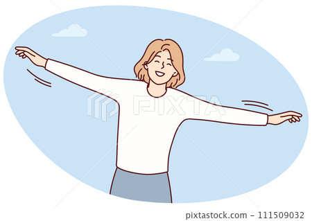 Free woman standing on background of sky with clouds depicts flight of bird. Vector image 111509032