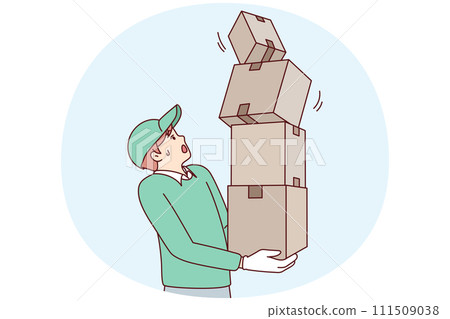 Man courier holds several boxes as he looks frightened at falling package. Vector image 111509038