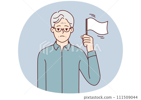 Elderly man with sad face stands showing white flag as sign of lack of strength. Vector image Elderly man with sad face stands showing white flag as sign of lack of strength. Vector image 111509044