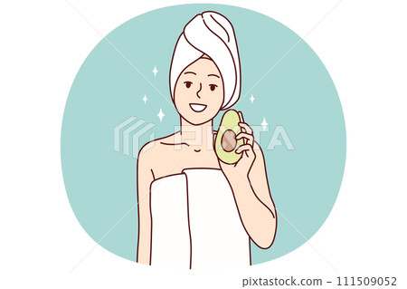 Woman in white towel after getting out SPA recommends using avocado for cosmetic masks. Vector image Woman in white towel after getting out SPA recommends using avocado for cosmetic masks. Vector image 111509052
