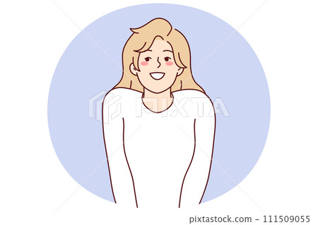 Modest attractive woman stands in shy pose pressing hands to body, sincerely smiling. Vector image Modest attractive woman stands in shy pose pressing hands to body, sincerely smiling. Vector image 111509055