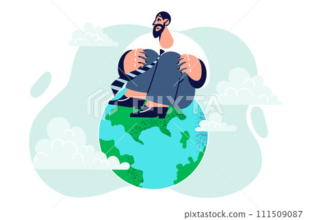 Emigrant man sits on globe, choosing suitable country for business trip or emigration Emigrant man sits on globe, choosing suitable country for business trip or emigration 111509087