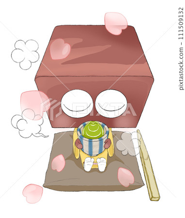 一個可愛的水羊羹角色在花瓣跳舞時喝茶的插圖 一個可愛的水羊羹角色在花瓣跳舞時喝茶的插圖 111509132