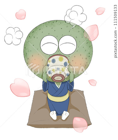 一個可愛的草莓團子角色在花瓣跳舞時喝茶的插圖 111509133