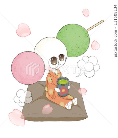 一個可愛的三色團子角色在花瓣跳舞時喝茶的插圖 111509134