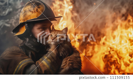 A scene where firefighters save a cat at a fire scene. An image of kind humans helping animals. 111509155
