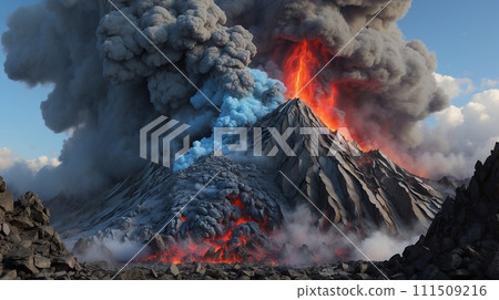 Magma and volcanic smoke blowing out from the mountain 111509216