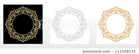 Set of decorative frames Elegant vector element for design in Eastern style, place for text. Floral black, gold and gray borders. Lace illustration for invitations and greeting cards 111509535