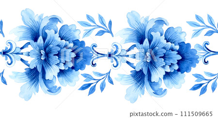 watercolor seamless border, blue damask ornament. classic vintage ornament watercolor seamless border, blue damask ornament. classic vintage ornament 111509665
