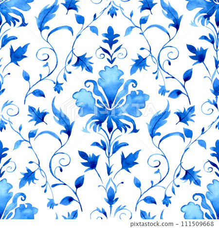 watercolor seamless pattern with blue damask ornament. classic vintage ornament 111509668