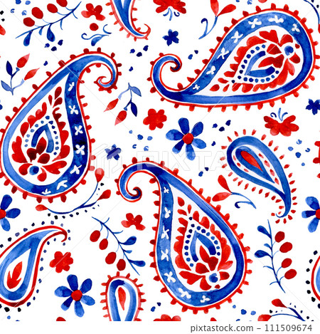 watercolor seamless pattern with oriental paisley ornament 111509674