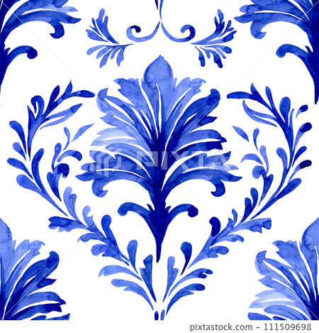 watercolor seamless pattern with blue damask ornament. classic vintage ornament watercolor seamless pattern with blue damask ornament. classic vintage ornament 111509698