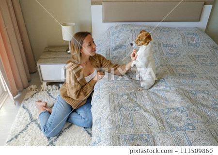 Woman with her jack russell pup at home. 111509860
