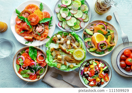 Fresh salads, overhead flat lay shot of an assortment Fresh salads, overhead flat lay shot of an assortment 111509929