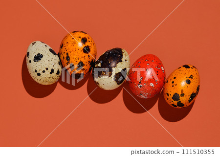 Easter composition of quail eggs and grass on a red brick background. Easter composition of quail eggs and grass on a red brick background. 111510355