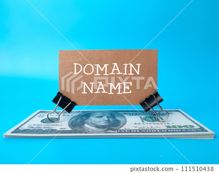 Brown card and banknotes with text DOMAIN NAME on a blue background. 111510438