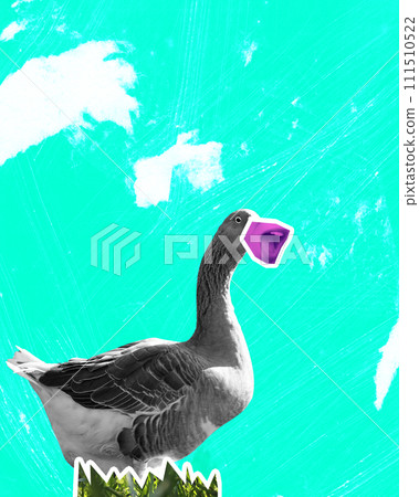 Contemporary art collage. Black and white goose with vivid human shouting mouth instead of beak. Animals with human facial expression. 111510522