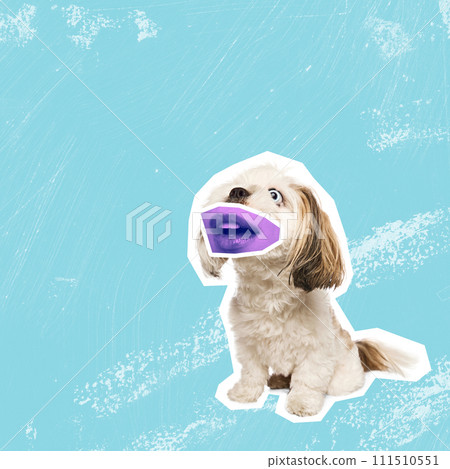 Contemporary art collage. Funny dog with female mouth expressing excited emotions. Animals with human facial expression. Contemporary art collage. Funny dog with female mouth expressing excited emotions. Animals with human facial expression. 111510551