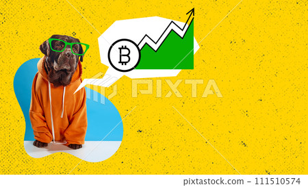 Dog in orange hoodie, green glasses, speech bubble with Bitcoin chart on yellow background. Contemporary art collage. Cryptocurrency investment 111510574