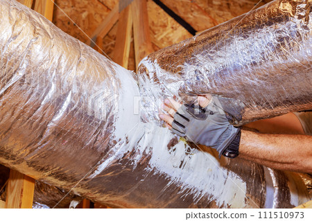 Installation new HVAC ventilation system, air duct pipeline for construction of new house Installation new HVAC ventilation system, air duct pipeline for construction of new house 111510973