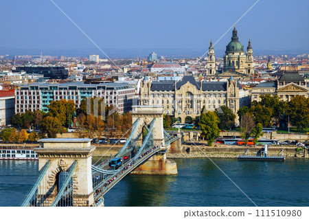 Szechenyi Chain Bridge over Danube river scape at landscape Budapest Hungarian Szechenyi Chain Bridge over Danube river scape at landscape Budapest Hungarian 111510980