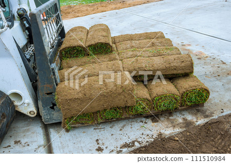 Pallet with stack of turf grass rolls fresh grass rolls stacked to decorate landscape design in residential area Pallet with stack of turf grass rolls fresh grass rolls stacked to decorate landscape design in residential area 111510984