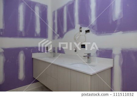 Installation of wash basins cabinet with drawers, white porcelain sink stainless steel faucet at bathroom 111511032