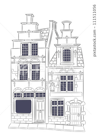 Vector drawing of a traditional old Belgian stone house isolated on a white background. Vector drawing of a traditional old Belgian stone house isolated on a white background. 111511056
