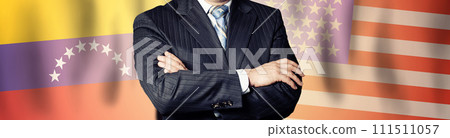 Politician or businessman on background of Venezuela and USA flags Politician or businessman on background of Venezuela and USA flags 111511057