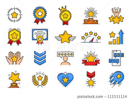 Quality rating color icons, rank, reward, grade star symbols. Vector thin line stars of best quality trophy, winner medal, success award and champion prize. Customer review and feedback outline signs Quality rating color icons, rank, reward, grade star symbols. Vector thin line stars of best quality trophy, winner medal, success award and champion prize. Customer review and feedback outline signs 111511114
