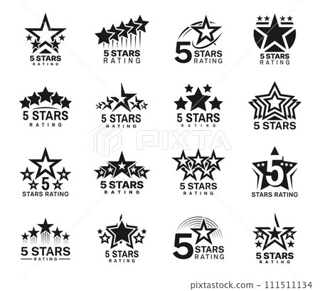 Five star rating, best award or review icons for service satisfaction and opinion, vector symbols. 5 five star top rank or top favorite and high quality feedback and positive opinion rating icons 111511134