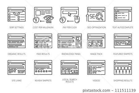 SERP icons. Search engine result page vector symbols of digital marketing. Thin line websites of serp settings, search engine optimization, organic and paid results, internet traffic analytics 111511139