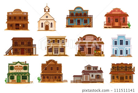 Western Wild West town cartoon buildings. America Wild West city or town saloon, church, bank and sheriff office, gun shop, drug storage and motel isolated vector vintage wooden buildings, houses 111511141