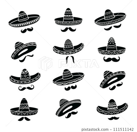 Mexican sombrero hats with mustaches and Mexico ethnic ornament, vector silhouette icons. Mexican culture, tradition and art symbols of sombrero hats for for Latin fiesta party or holiday festival Mexican sombrero hats with mustaches and Mexico ethnic ornament, vector silhouette icons. Mexican culture, tradition and art symbols of sombrero hats for for Latin fiesta party or holiday festival 111511142