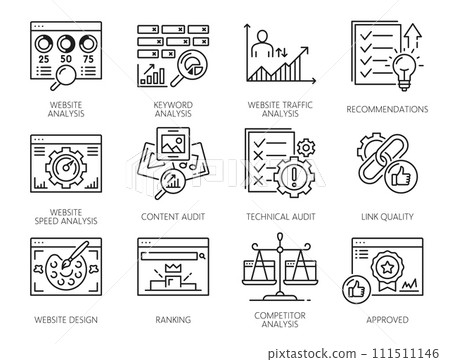 Web audit icons of website SEO analysis. Digital marketing technology vector thin line symbols with report graphs of site content, search engine optimization, design, technical and competitors audits 111511146