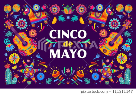 Cinco de mayo banner. Cartoon vector card with Mexican festive items for holiday celebration. Guitar, maracas, pinata and lemon slice, cacti flowers and floral decor in traditional alebrije style 111511147