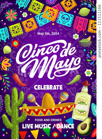 Cinco de mayo holiday flyer or banner for Mexican fiesta celebration, vector background. Mexico 5 May holiday festival or party event poster with sombrero, tequila, avocado and papel picado flags Cinco de mayo holiday flyer or banner for Mexican fiesta celebration, vector background. Mexico 5 May holiday festival or party event poster with sombrero, tequila, avocado and papel picado flags 111511166