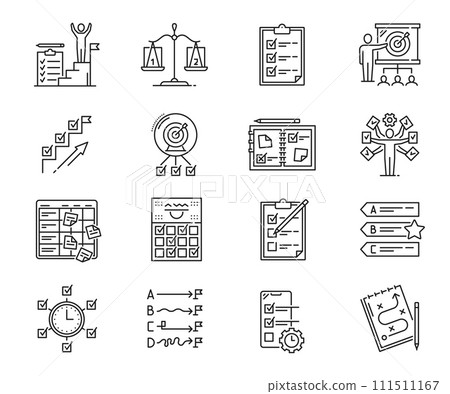 Planning icons. Project, goal, management and schedule symbols. Vector business plan and strategy implementation, marketing mission, action plan and to do list clipboard, targeting, goal achievement 111511167