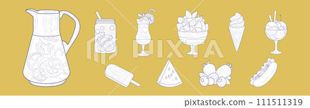 Ice Cream, Berry, Hot Dog and Watermelon Hand Drawn Element on Yellow Background Vector Set Ice Cream, Berry, Hot Dog and Watermelon Hand Drawn Element on Yellow Background Vector Set 111511319