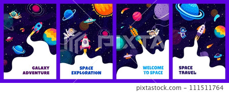 Space posters and flyers. Cartoon kid astronauts, alien characters, rocket spaceship launch and starry galaxy landscape with planets and stars. Vector cards with cute cosmonauts soar in weightlessness Space posters and flyers. Cartoon kid astronauts, alien characters, rocket spaceship launch and starry galaxy landscape with planets and stars. Vector cards with cute cosmonauts soar in weightlessness 111511764