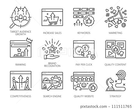 SEM, search engine marketing icons of vector web marketing. Website pages and browser screens with rank, strategy, keywords research and analysis, backlink, pay per click and quality content symbols SEM, search engine marketing icons of vector web marketing. Website pages and browser screens with rank, strategy, keywords research and analysis, backlink, pay per click and quality content symbols 111511765