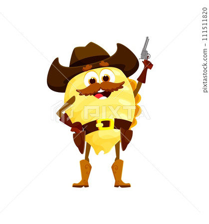Cartoon Italian pasta cowboy or sheriff with revolver gun, vector character. Bandit robber or ranger in cowboy sombrero with bandoleer in Western boots, conchiglie pasta personage for kids 111511820