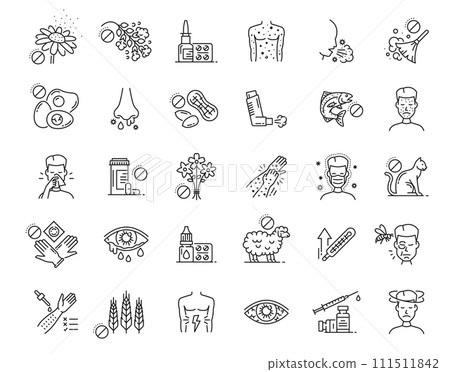 Allergy icons. Asthma, fever, rhinitis allergic symptoms with vector thin line allergens. Allergy to pollen, food, dust and animals outline symbols of runny nose and eye, sneeze, cough and fever 111511842