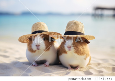 AI-generated content. A couple of cute guinea pigs wearing a straw hats on the beach by the ocean 111512335