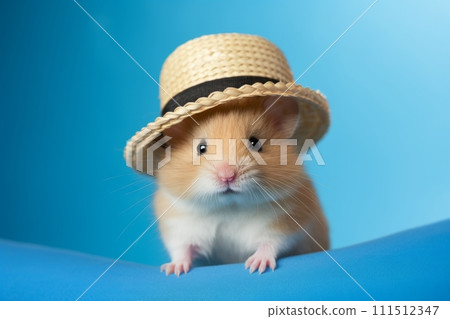 AI-generated content. Cute little hamster wearing a straw hat on a blue background 111512347