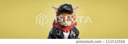 Cool cat in leather jacket and cap 111512508