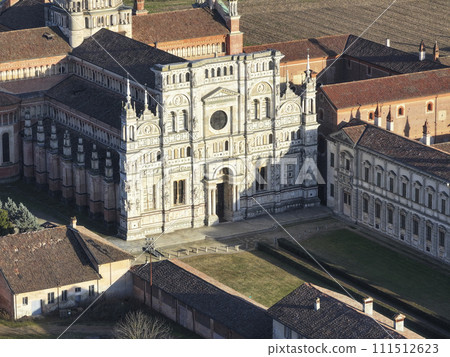 Drone view over Certosa di Pavia monastery Drone view over Certosa di Pavia monastery 111512623