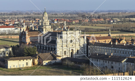 Drone shot over Certosa di Pavia monastery 111512624