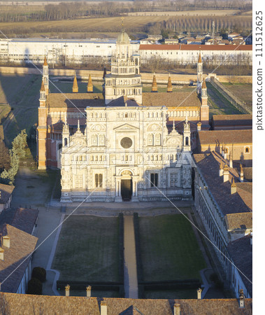 Aerial view over Certosa di Pavia monastery Aerial view over Certosa di Pavia monastery 111512625