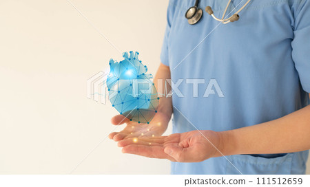 Cardiologist doctor check up heart organ with EKG hologram. Medical technology for diagnose heart disorder and disease of cardiovascular system. Cardiological and world heart day concept. Cardiologist doctor check up heart organ with EKG hologram. Medical technology for diagnose heart disorder and disease of cardiovascular system. Cardiological and world heart day concept. 111512659